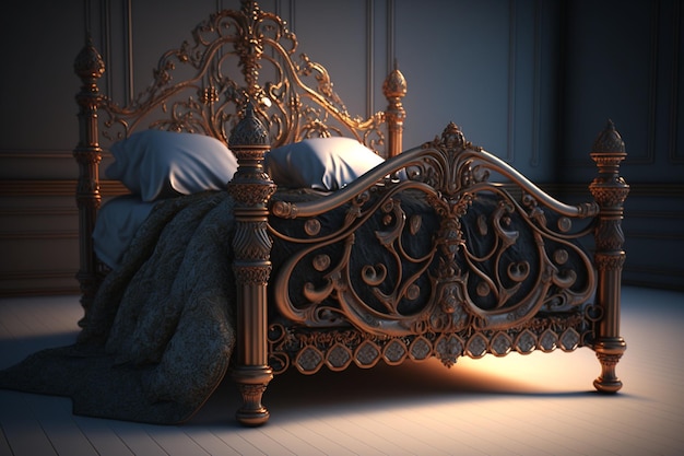 A bed with a gold bed frame and a pillow on it.