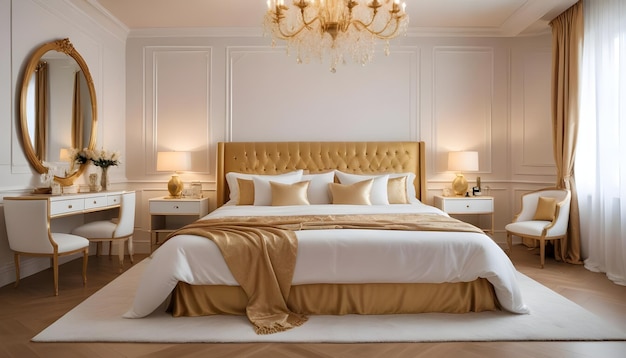 Photo a bed with a gold headboard and a chandelier