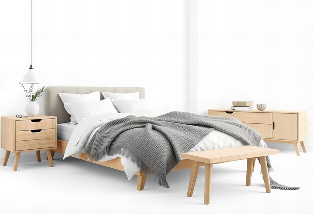 Photo a bed with a gray blanket and a wooden nightstand with a nightstand next to it