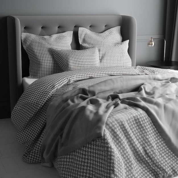 A bed with a gray and white checkered bedding and a black headboard.