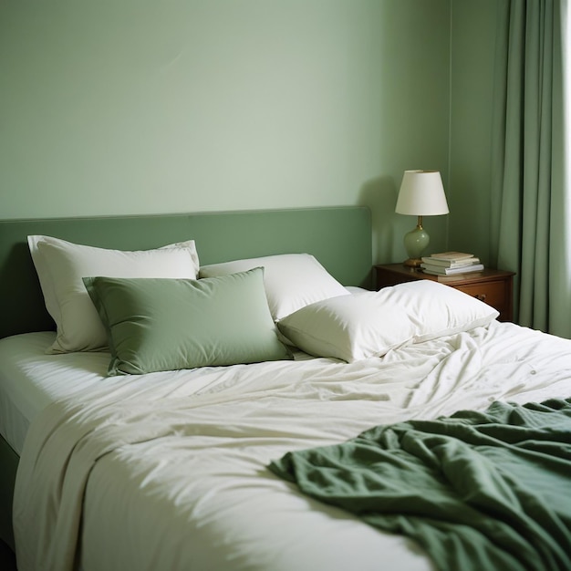 Photo a bed with a green blanket on it and a lamp on the side