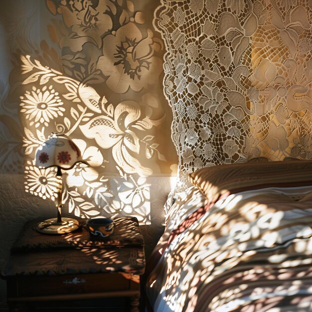 Photo a bed with a lace curtain and a lamp on a nightstand