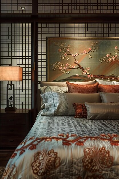 Photo a bed with a lamp and a picture of a tree on it