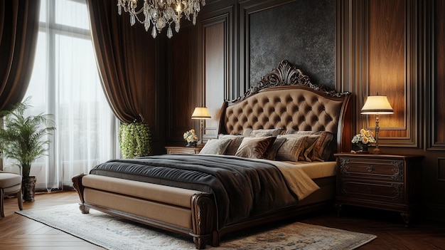 Photo a bed with a large headboard and a large window with drapes a bedroom with a a bed with a mattress