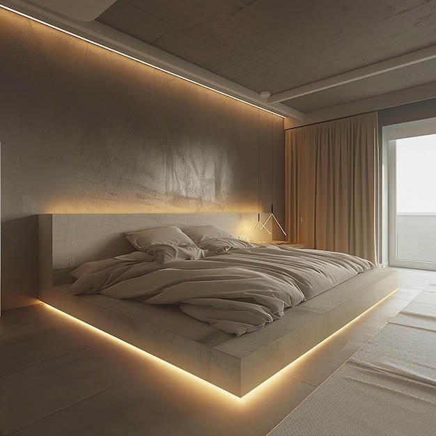 a bed with a light on the ceiling and a window in the background