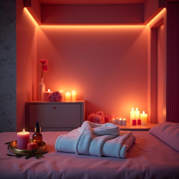 a bed with a lit up bed and candles on it