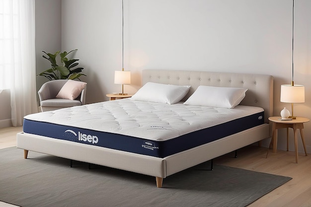 A bed with a mattress with a hole in the middle that says sleep on it