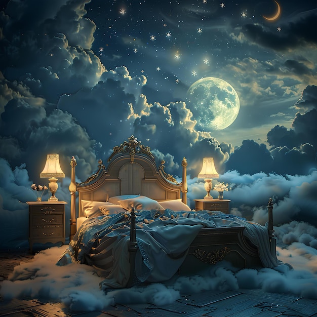 a bed with a moon and stars in the sky