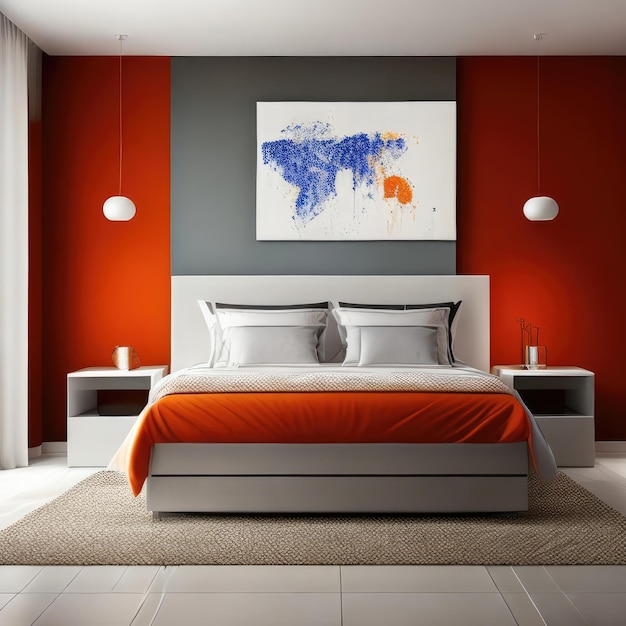 A bed with orange walls and a map of the world on it