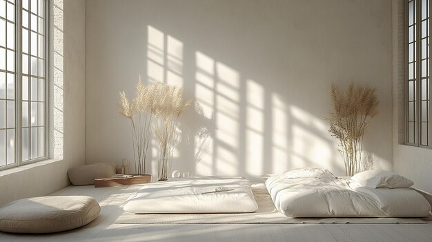 Photo a bed with pillows and a pillow with the sun shining on it