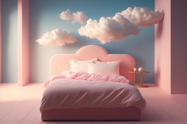 Bed with pink clouds Creative design concept Ai generation