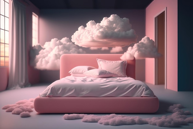 Bed with pink clouds Creative design concept Ai generation