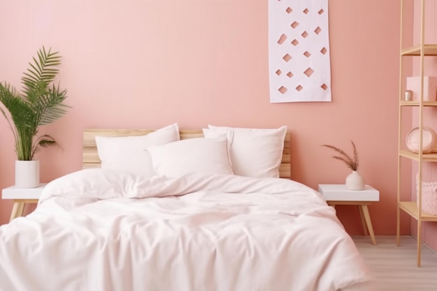 A bed with a pink comforter and a tray of food on it soft pink color brightly lit pink room Ai photo