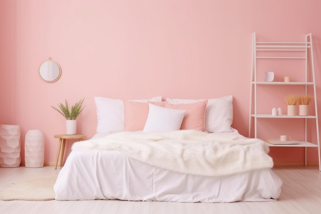 A bed with a pink comforter and a tray of food on it soft pink color brightly lit pink room Ai photo