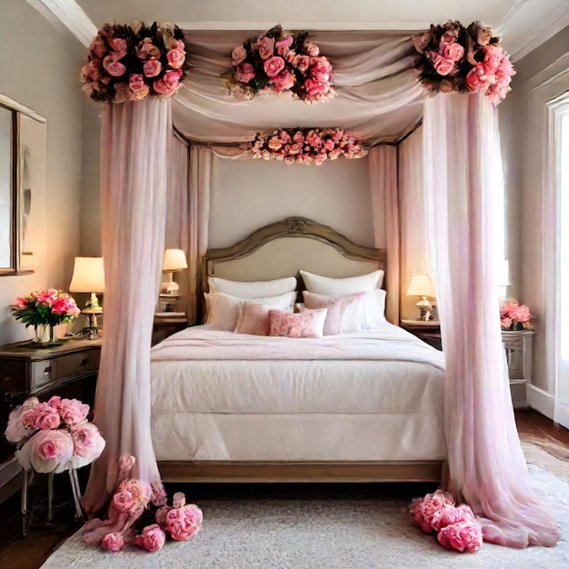 a bed with pink curtains and a canopy over it