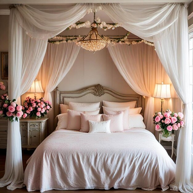 Photo a bed with pink roses on it and a chandelier hanging from the ceiling