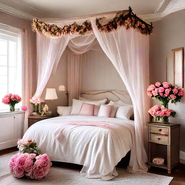 a bed with pink roses and a white canopy over it