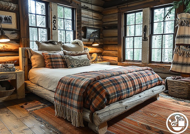 a bed with a plaid blanket on it and a lamp on the side