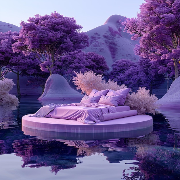 Photo a bed with purple and white pillows in a garden