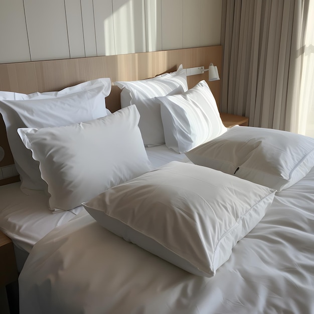 a bed with several pillows on it and one has a white pillow on it