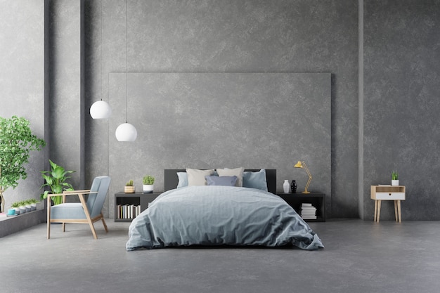 bed with sheets in bedroom interior concrete wall and modern furniture.