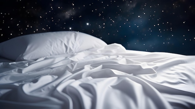 A bed with a starry sky and a pillow