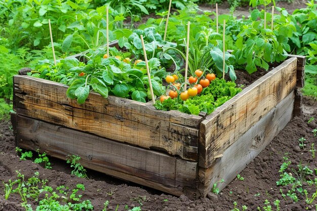 A bed with various plants box for growing vegetables and herbs lush green plants