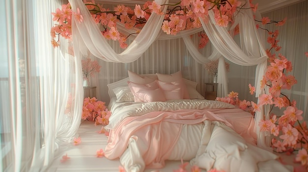 Photo a bed with a white bed and a pink bed spread with flowers on the bottom