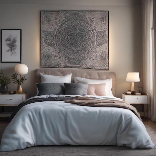 a bed with a white blanket and a picture of a flower on the wall