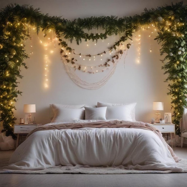 a bed with a white blanket and pillows and lights hanging from the ceiling