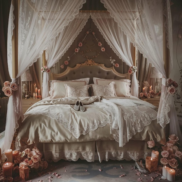 a bed with a white canopy and a floral design on the bottom