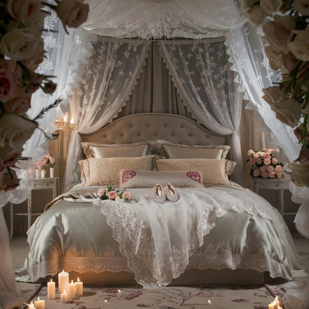 a bed with a white canopy and a white bed with a floral design on it