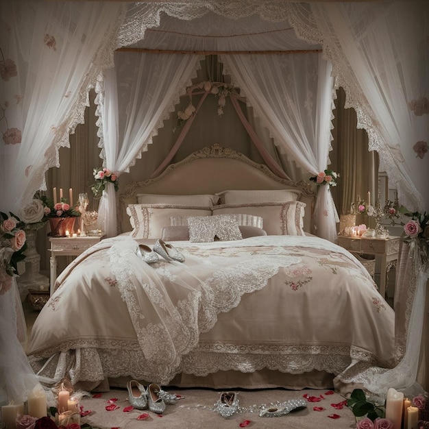 Photo a bed with a white canopy and a white canopy with flowers on it