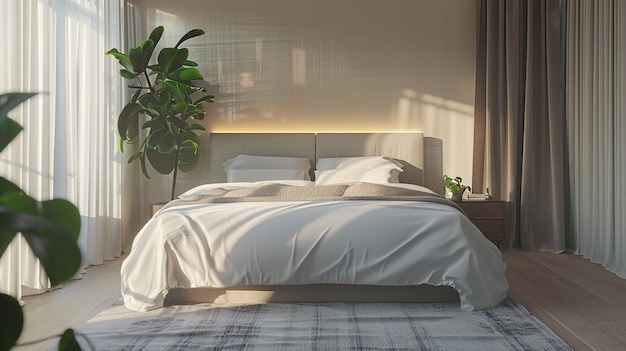 a bed with a white comforter and a green plant in the corner