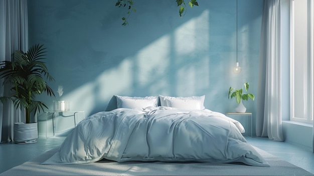 a bed with a white comforter and a green plant in the corner