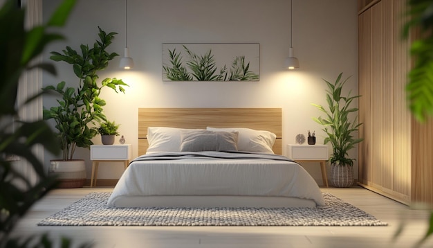 a bed with a white comforter and a picture of a plant on the wall