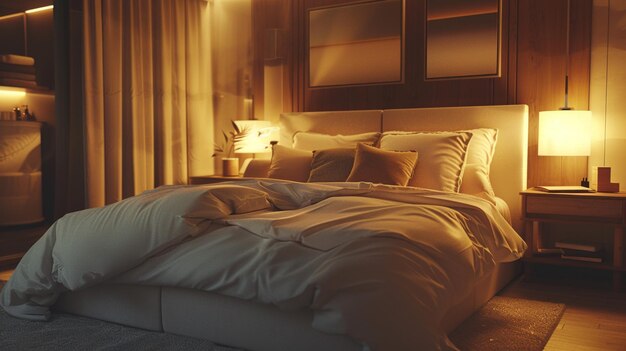 a bed with a white comforter and pillows