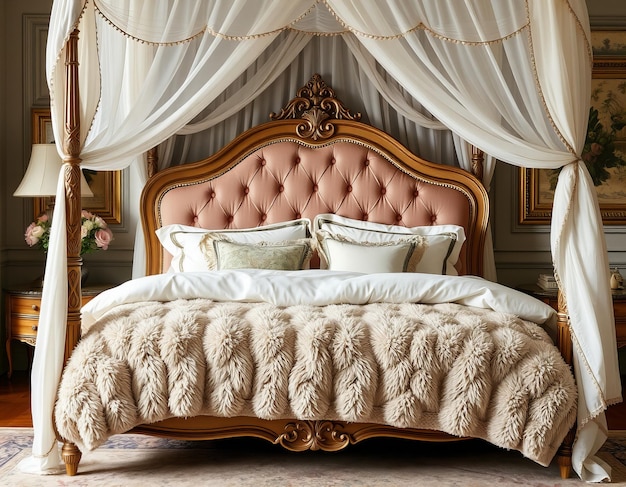 Photo a bed with a white comforter and a pink headboard