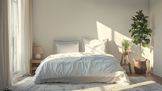 a bed with a white comforter and a white pillow with a picture of a plant on it