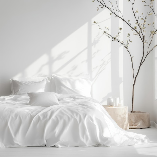 Photo a bed with a white comforter and a white pillow with a tree in the corner