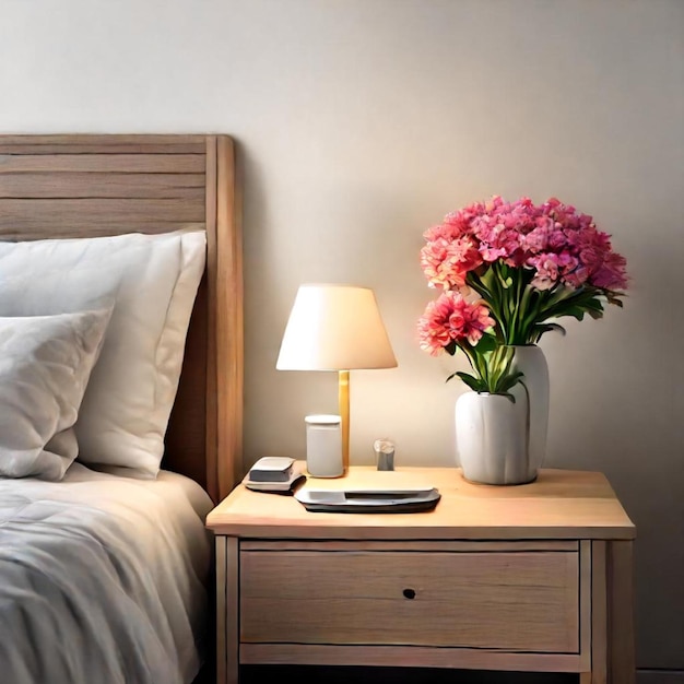 Photo a bed with a white pillow and a vase of pink flowers on a nightstand