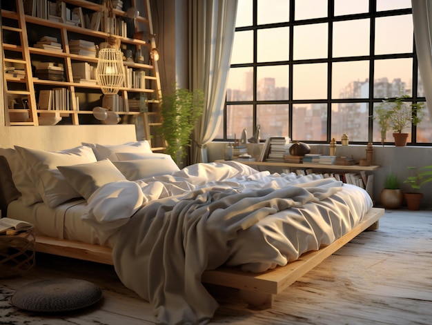 Bed with white pillows in the bedroom with a view of the city