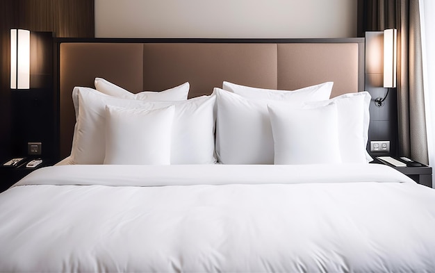 A bed with white pillows and a brown headboard with the word hotel on it.