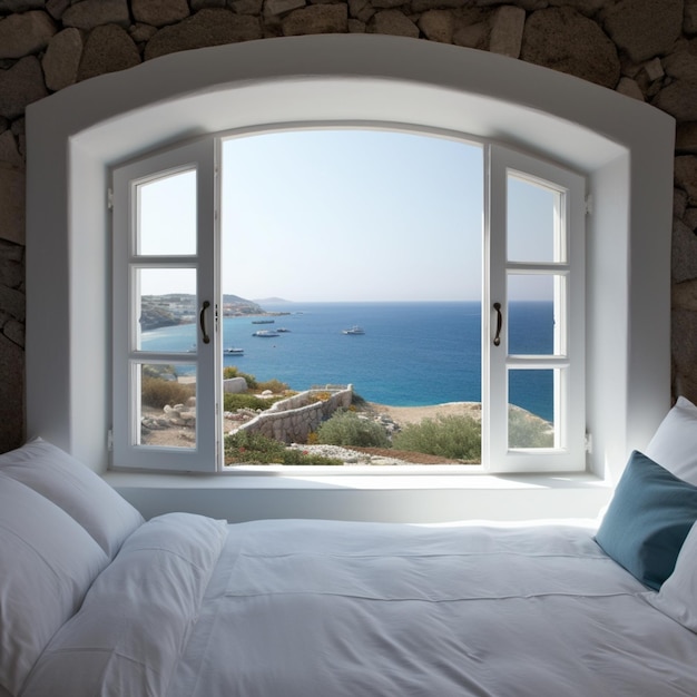 A bed with white pillows and white pillows is in front of a window.