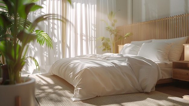 a bed with white sheets and a green plant in the corner