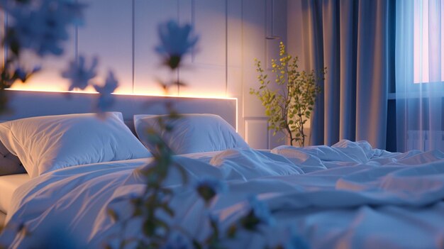 a bed with white sheets and a lamp on it