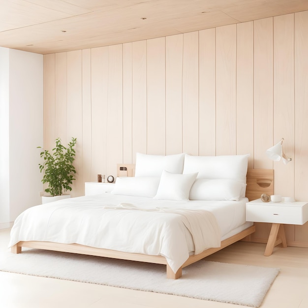 a bed with white sheets and pillows in a room with a wooden wall