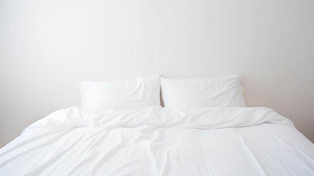 a bed with white sheets and pillows in a room