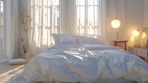 a bed with white sheets and a white comforter