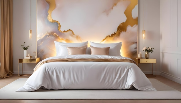 Photo a bed with white sheets and white sheets and a gold background